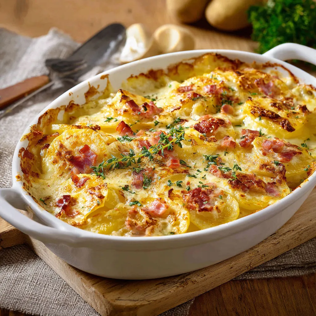 Une belle part de gratin dorée, parsementée d’herbes et accompagnée de petits légumes.