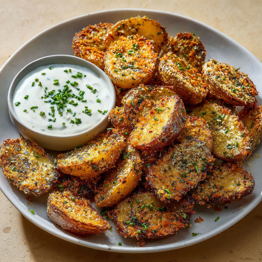 Des pommes de terre rôties nappées de sauce avec une touche de piment.