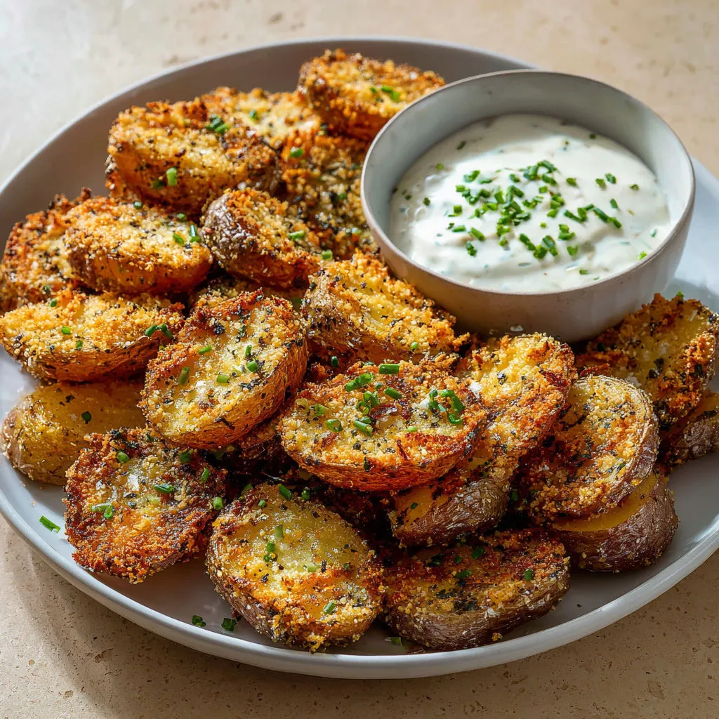 Patates croustillantes sur assiette, sauce et herbes fraîches
