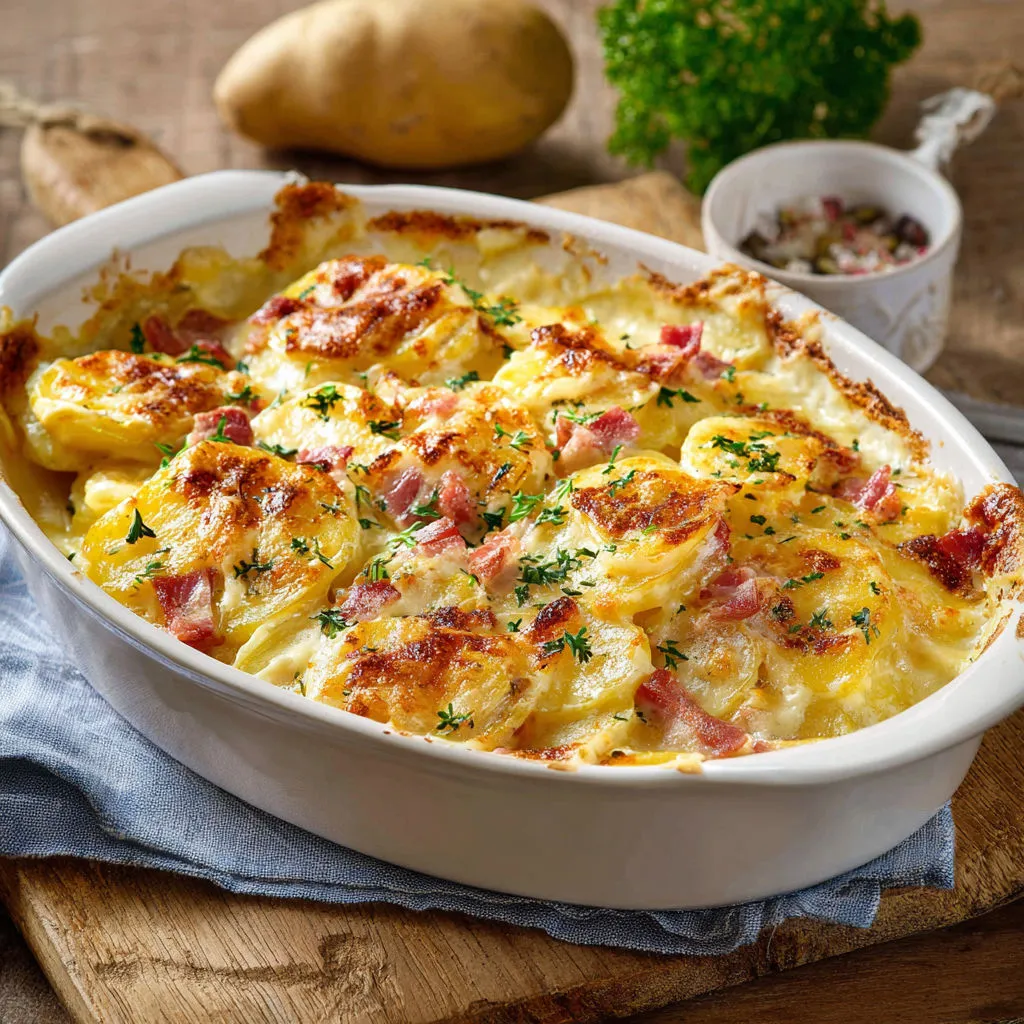 Une part de gratin bien dorée, posée dans un bol en porcelaine avec des herbes et des morceaux de bacon croquant.
