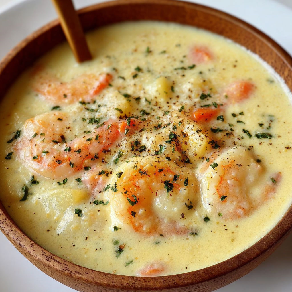 Un bol en bois rempli de soupe crémeuse aux crevettes.