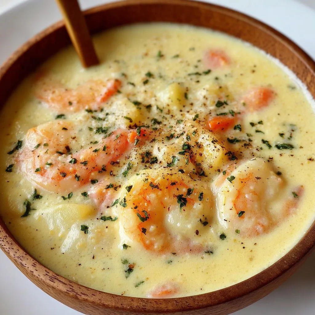 Un bol en bois rempli de soupe crémeuse aux crevettes.