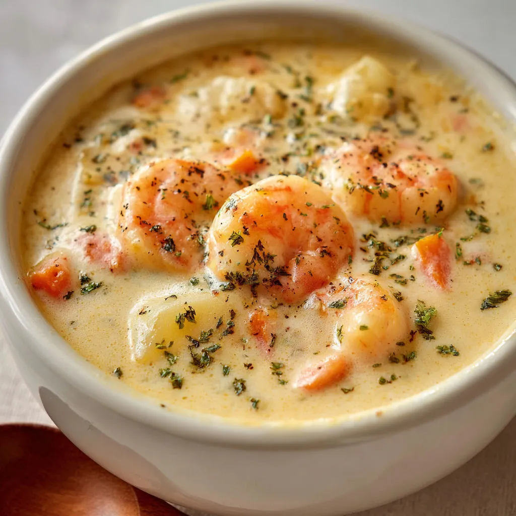 Un bol en verre rempli de soupe crémeuse aux crevettes.