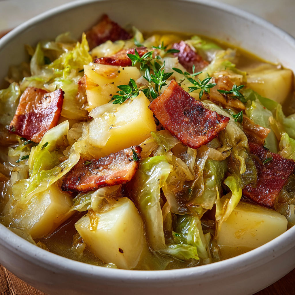 Chou mijoté accompagné de pommes de terre et de bacon croustillant.