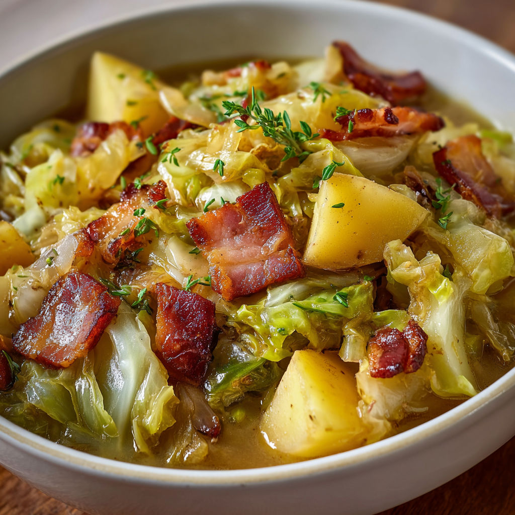 Bol garni de légumes et de viande avec chou et bacon.