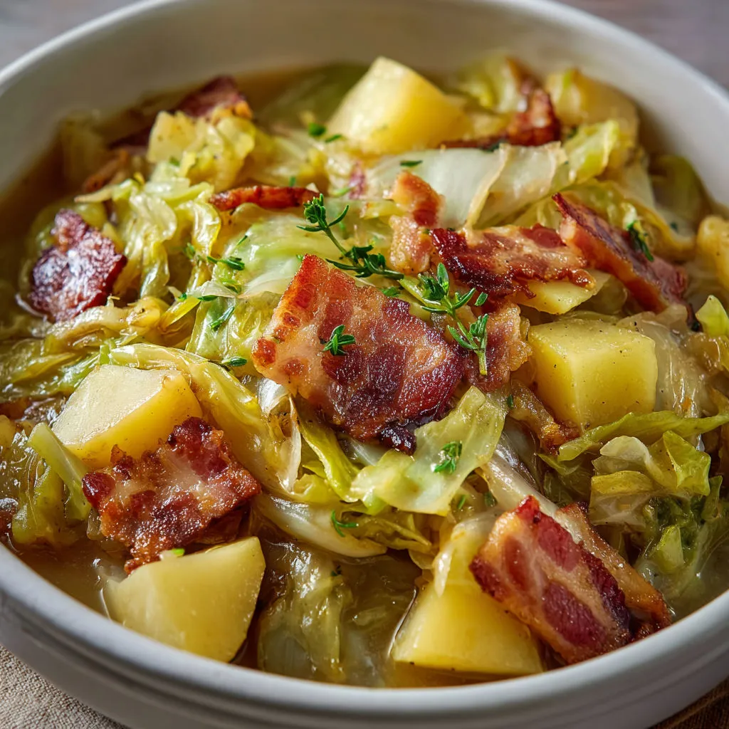 Bol de soupe garnie de légumes et bacon, dont du chou.
