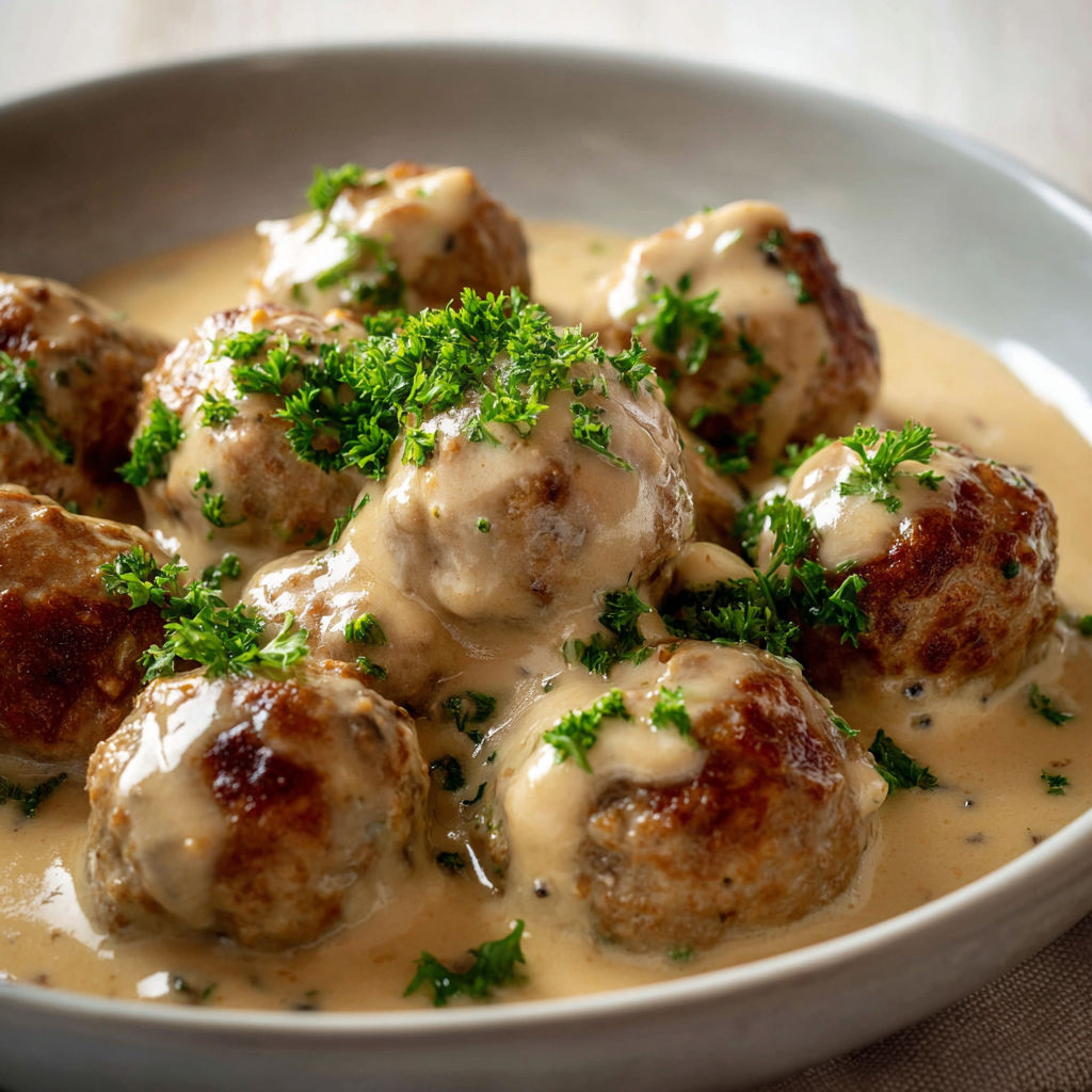 Boulettes suédoises dans un bol avec leur sauce.