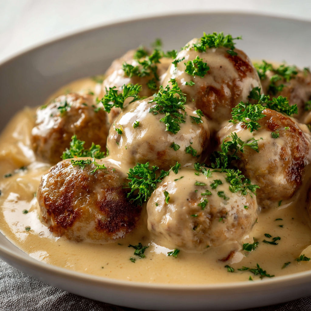 Des boulettes nappées de sauce accompagnées d'épinards dans une assiette.