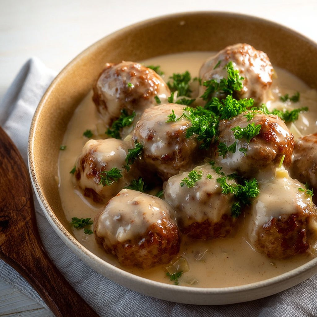 Boulettes servies dans une sauce façon pesto dans un plat.