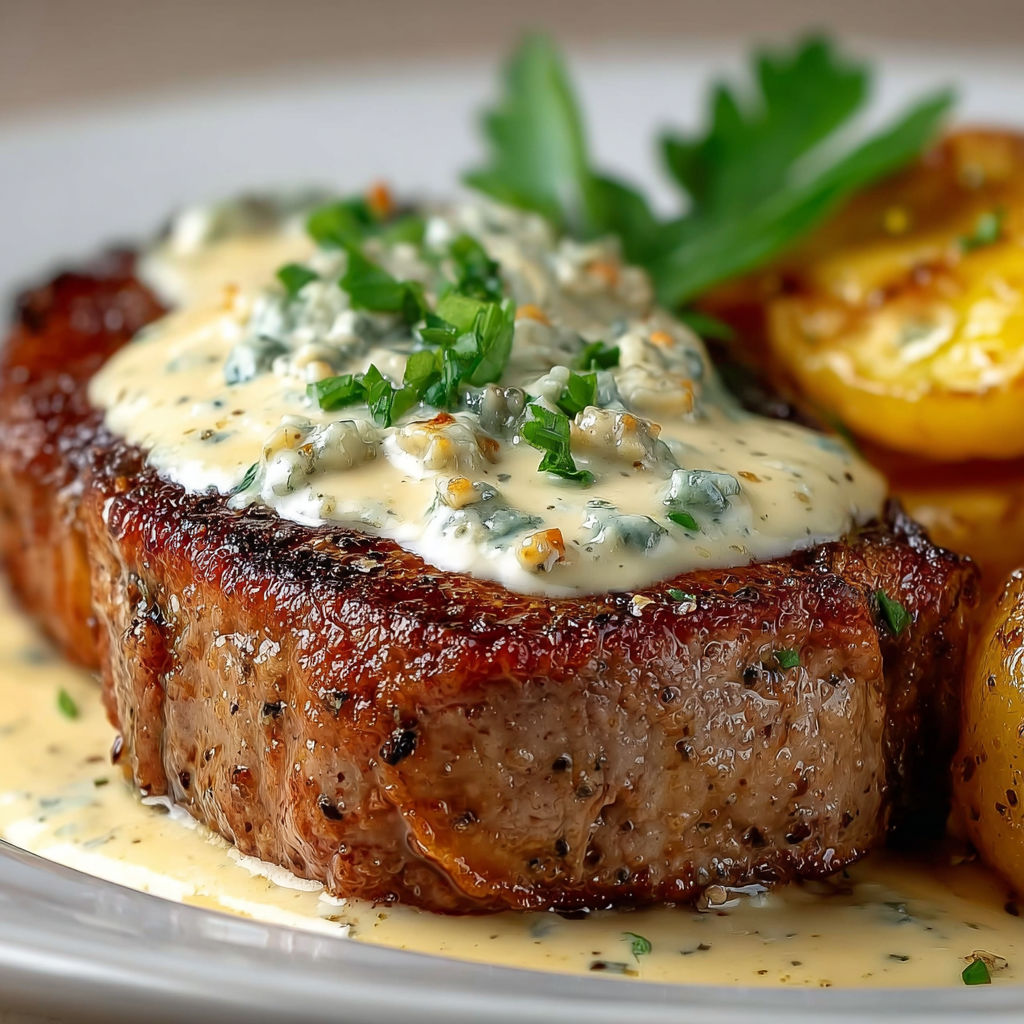 Viande grillée nappée de sauce pesto et légumes colorés.