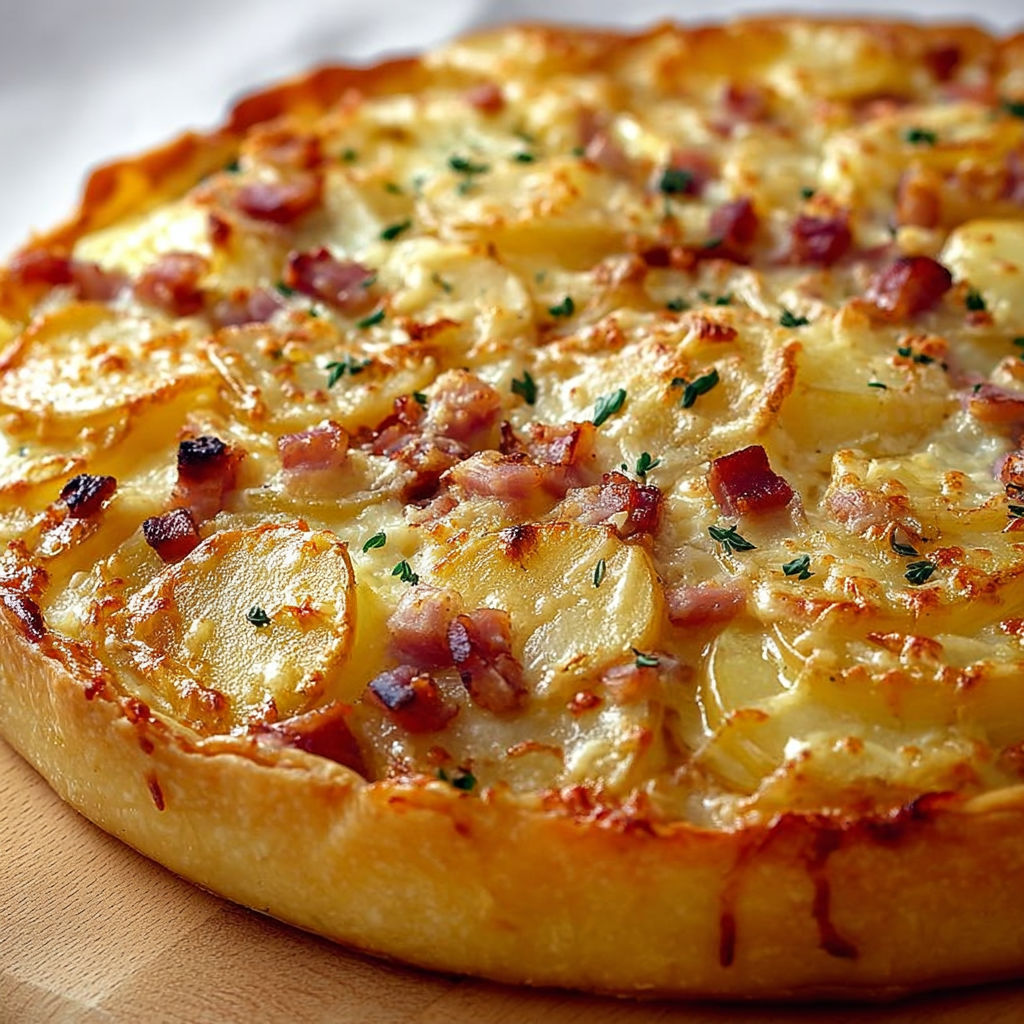 Une pizza maison garnie de pommes de terre et de lardons.