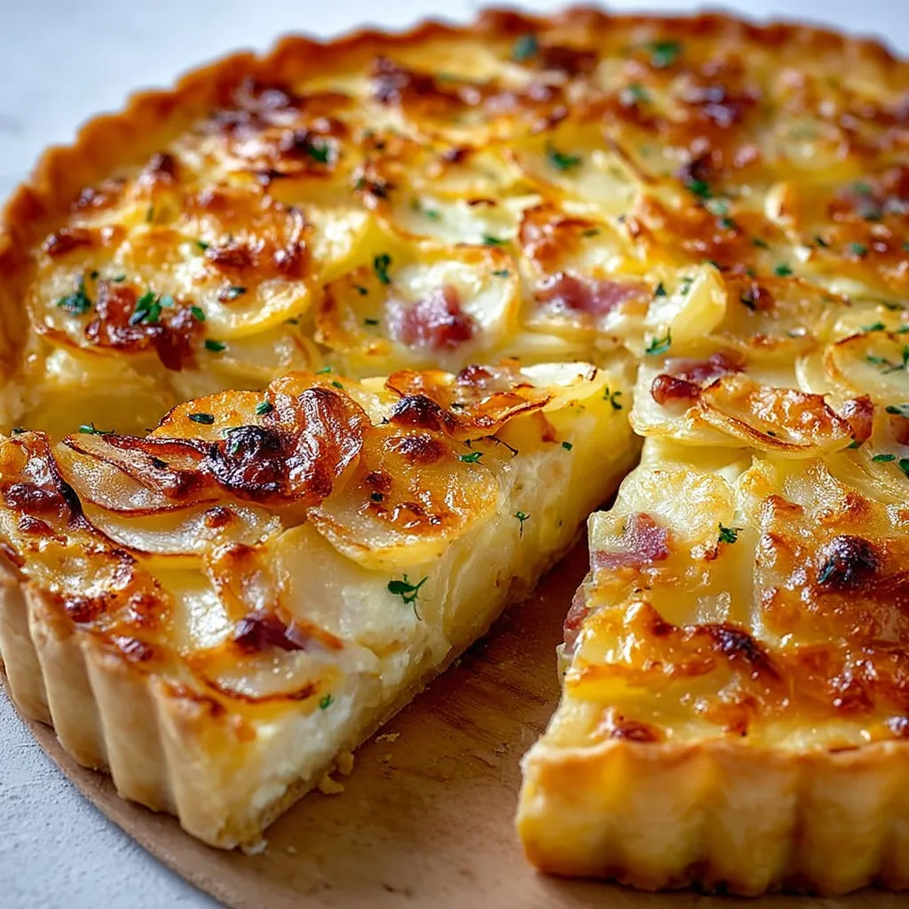 Une tourte aux pommes de terre et lardons posée sur une planche en bois.