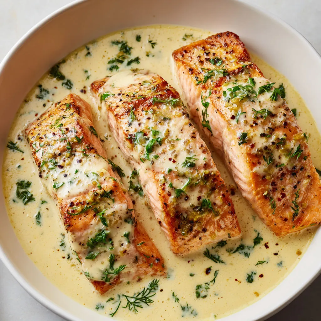 Filet de saumon en sauce crémeuse au pesto avec des herbes sur le dessus.