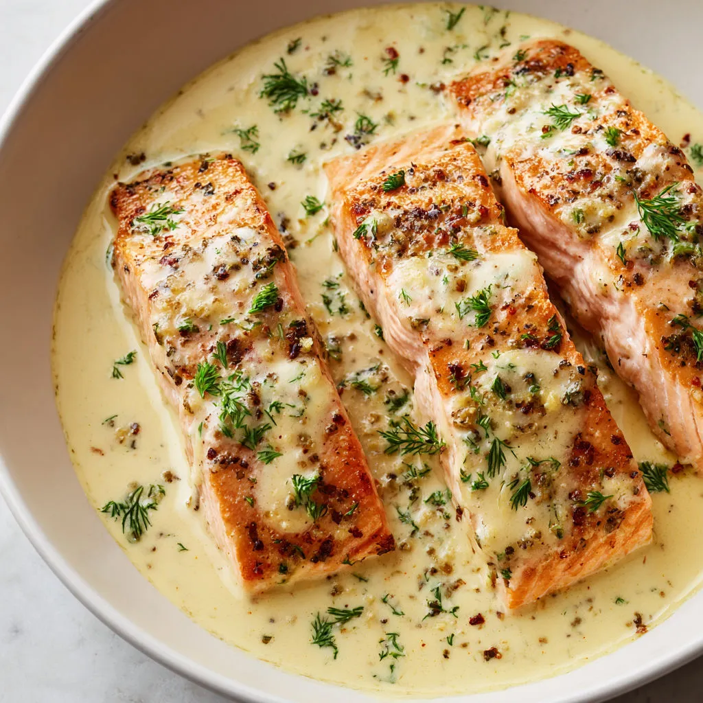 Saumon nappé de sauce au piment et herbes, servi dans un bol.