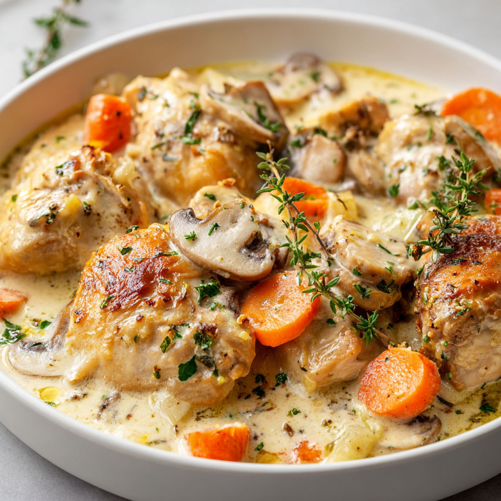 Un bol blanc rempli d'une blanquette de poulet crémeuse est présenté.