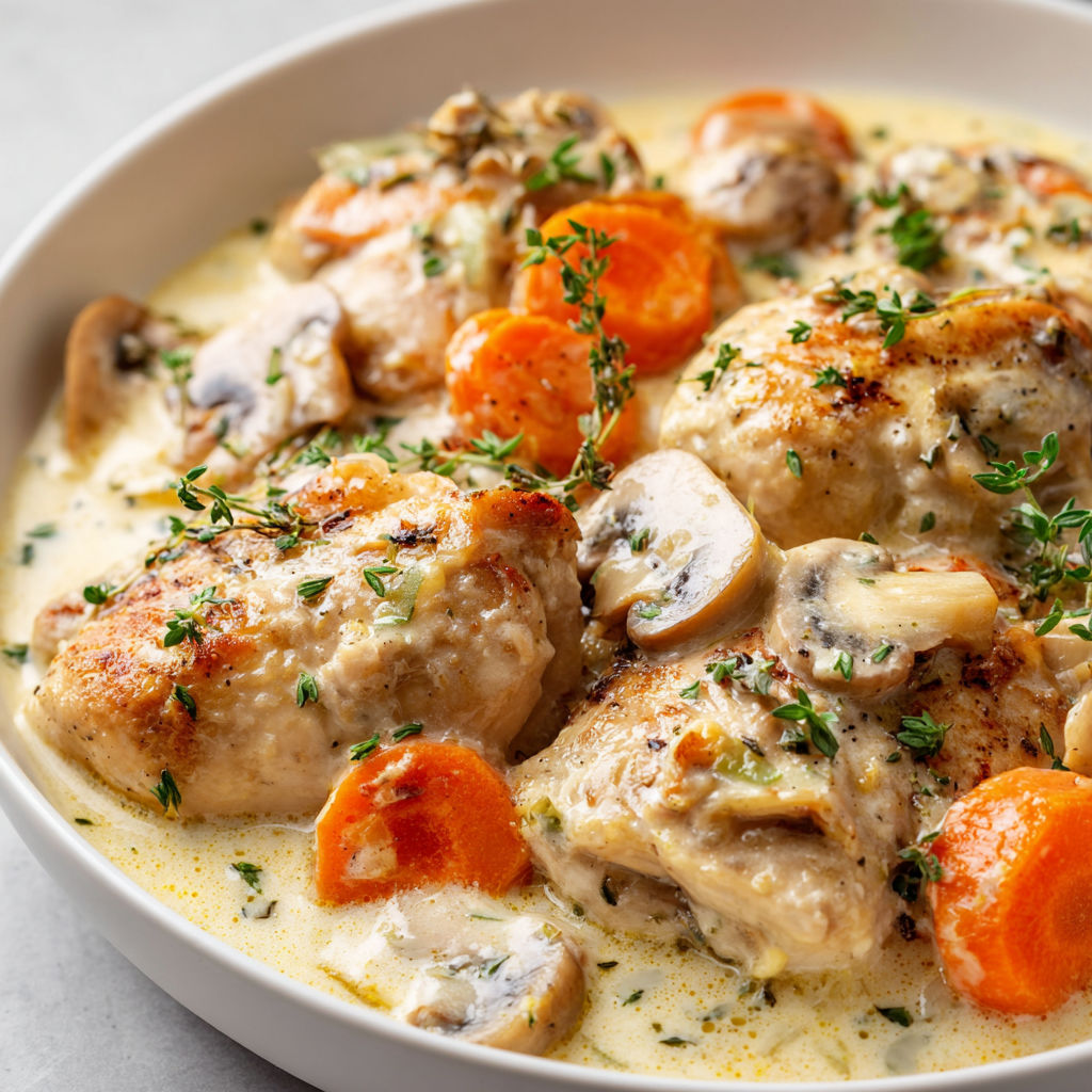 Un plat de poulet avec des carottes et des champignons.