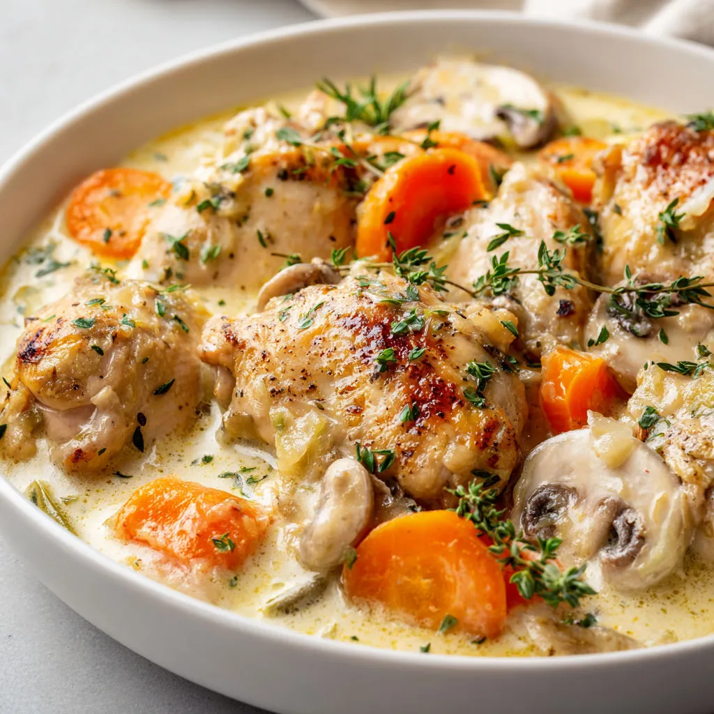 Un plat de viande de poulet avec carottes, champignons et des herbes fraîches.