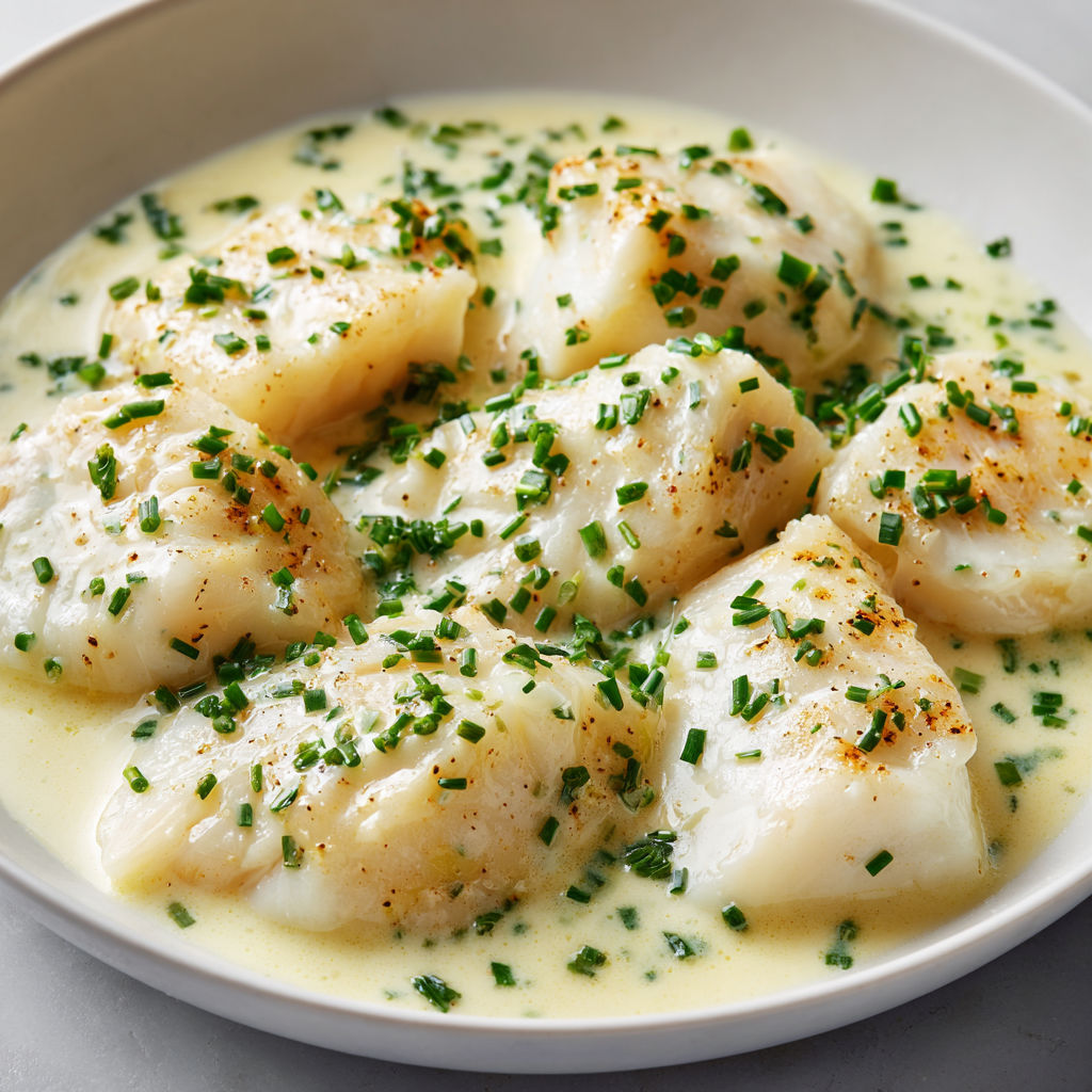 Un poisson tendre servi avec une sauce crème ail et ciboulette, irrésistible.