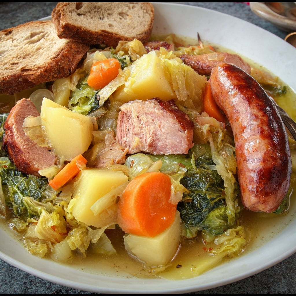 Un pot auvergnat réconfortant avec légumes, viande et pain grillé.