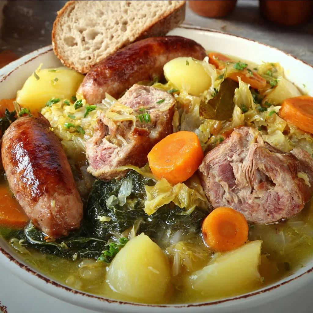 Un plat mijoté à la viande, légumes et pain sur le côté.