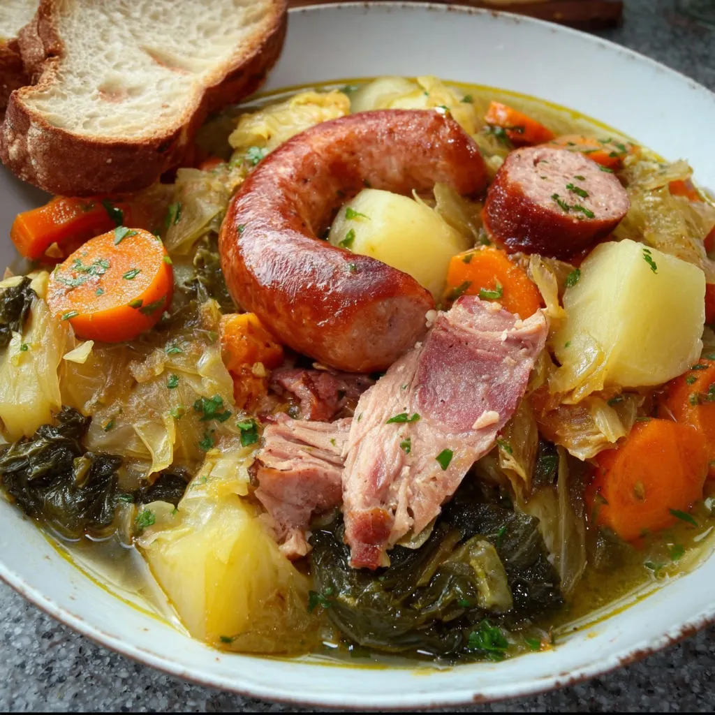 Une soupe à l’ail, légumes, chorizo et carottes dans une assiette familiale.