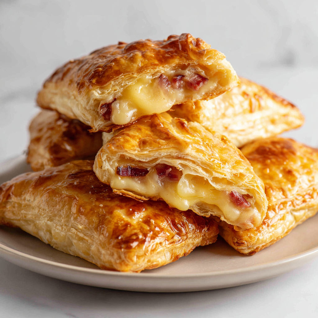 Des feuilletés au fromage et lardons sur une grande assiette.