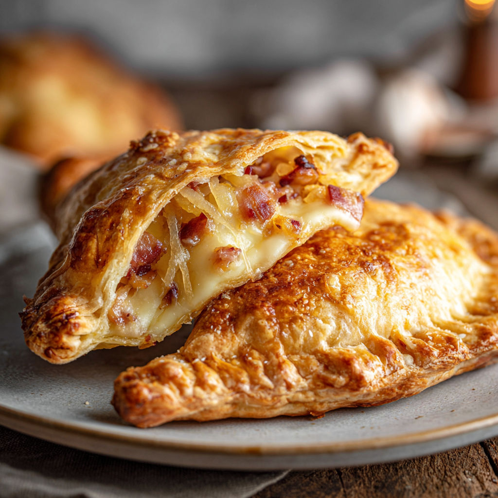 Un feuilleté fromage et lardons sur un plateau.