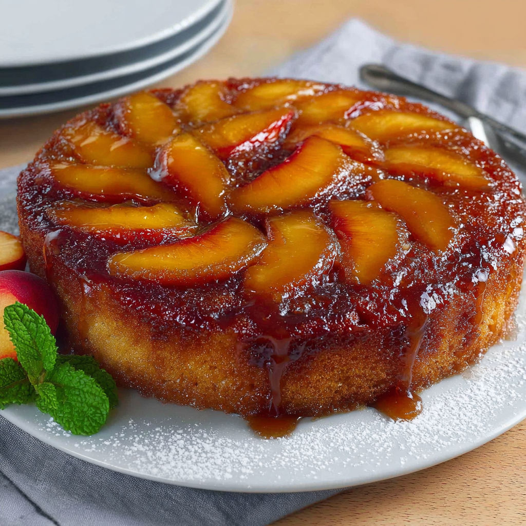 Un tendre gâteau renversé aux pêches caramélisées servi sur un plat.