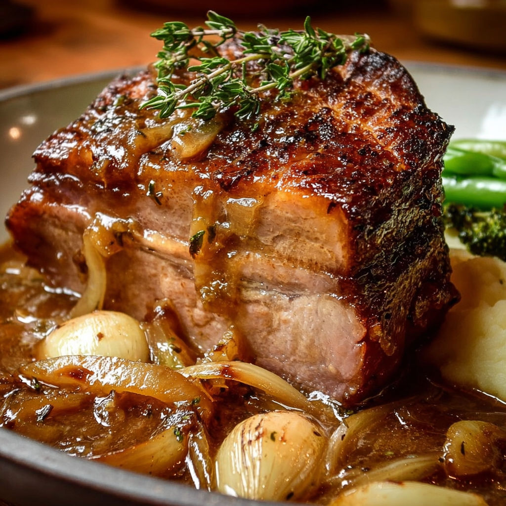 Porc tendre avec ail confit et oignons dans une sauce fondante, prêt à déguster.