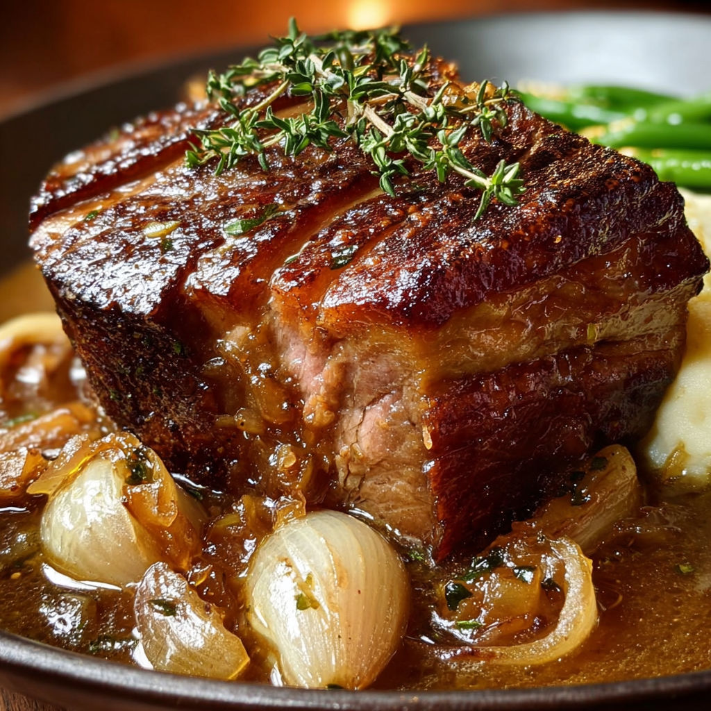 Une rouelle de porc confite toute tendre et nappée de sauce onctueuse ail oignons, servie dans un bol.
