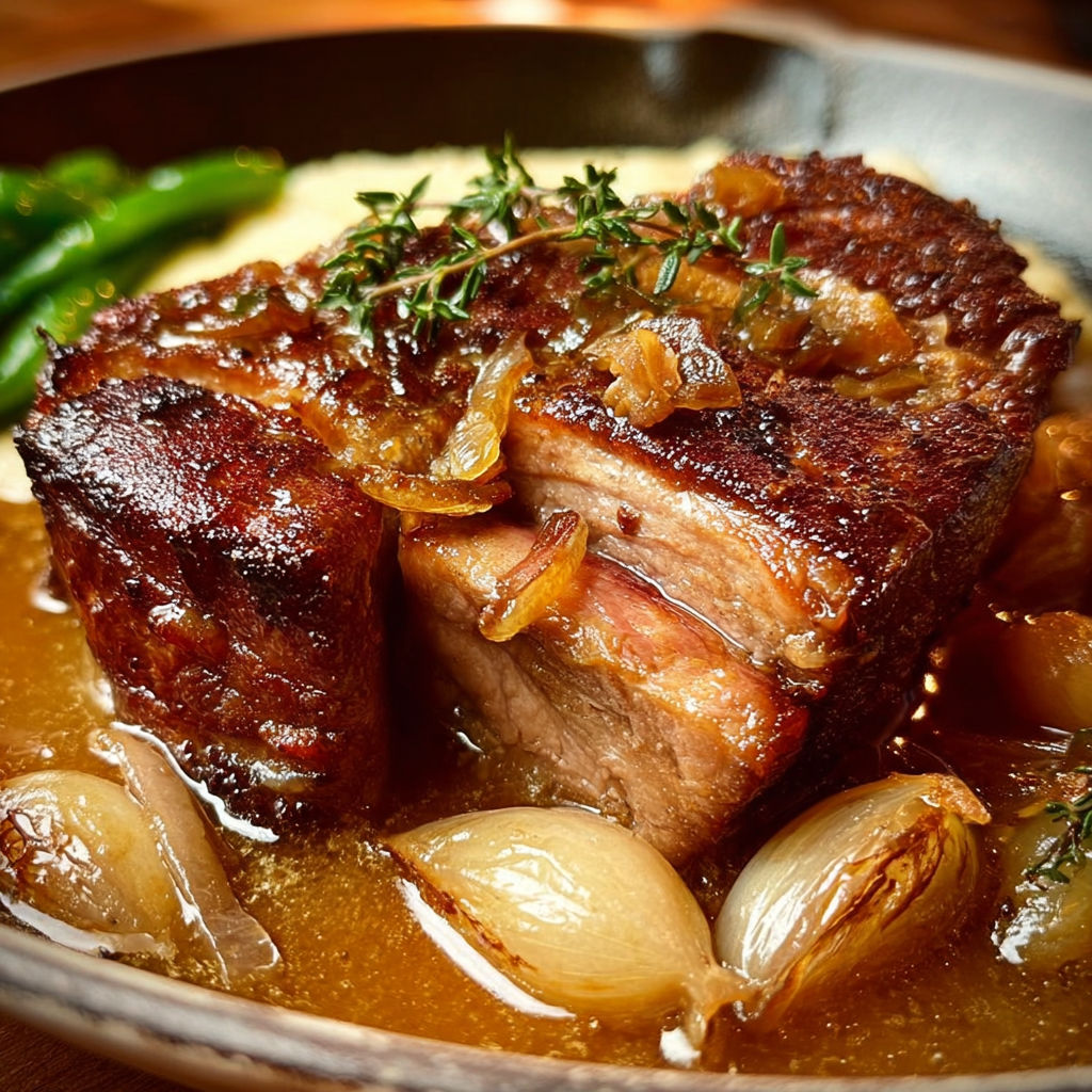 Belle rouelle de porc toute moelleuse nappée d’une sauce à l’ail et aux oignons, un vrai bonheur à table.