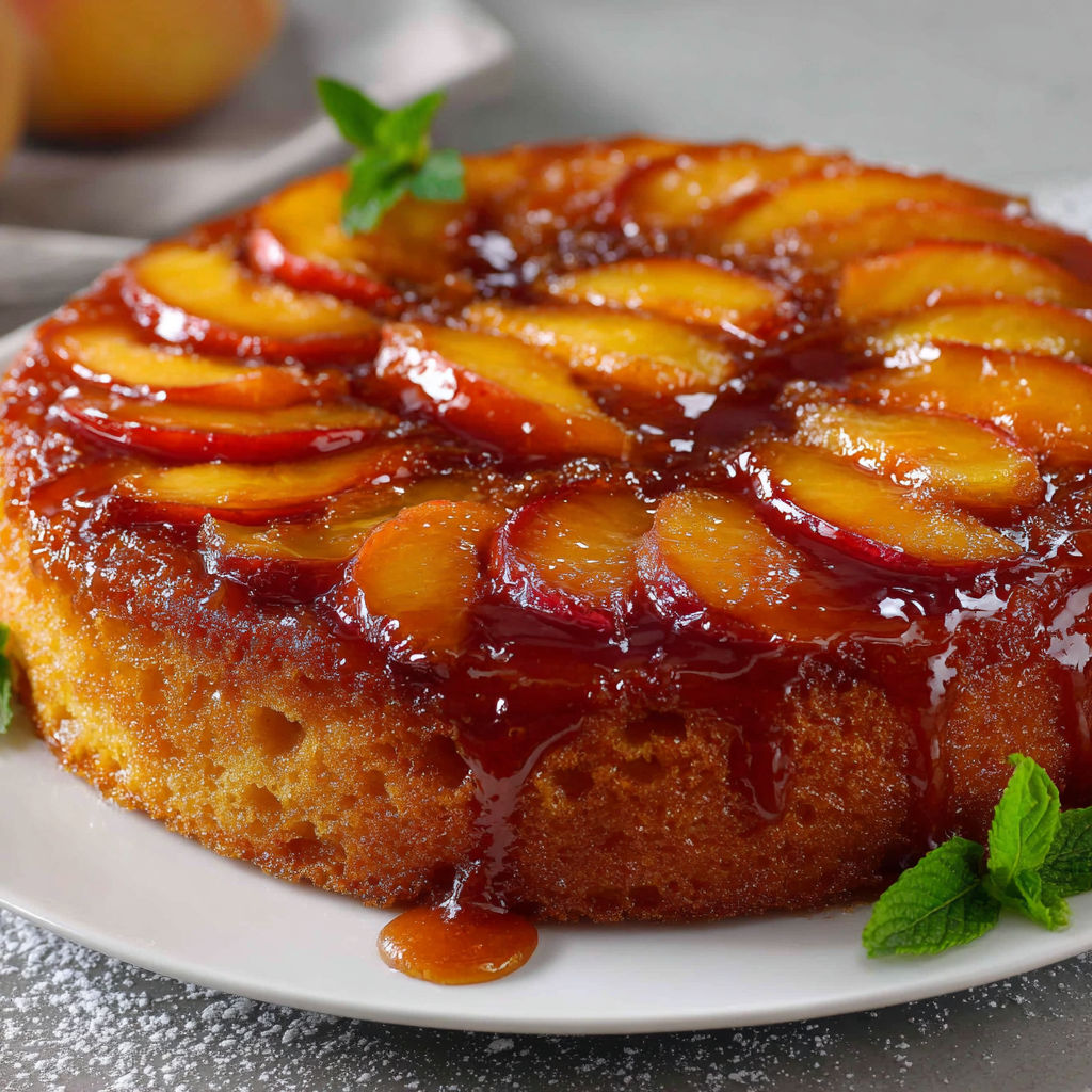 Une tarte avec des fruits jaunes et rouges, parsemée d’herbes fraîches posée sur un plateau.
