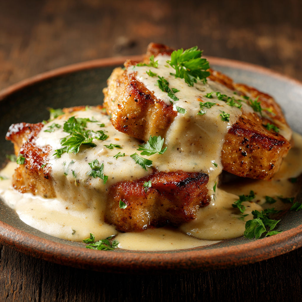 Des côtelettes de porc croustillantes et dorées dans une assiette conviviale.
