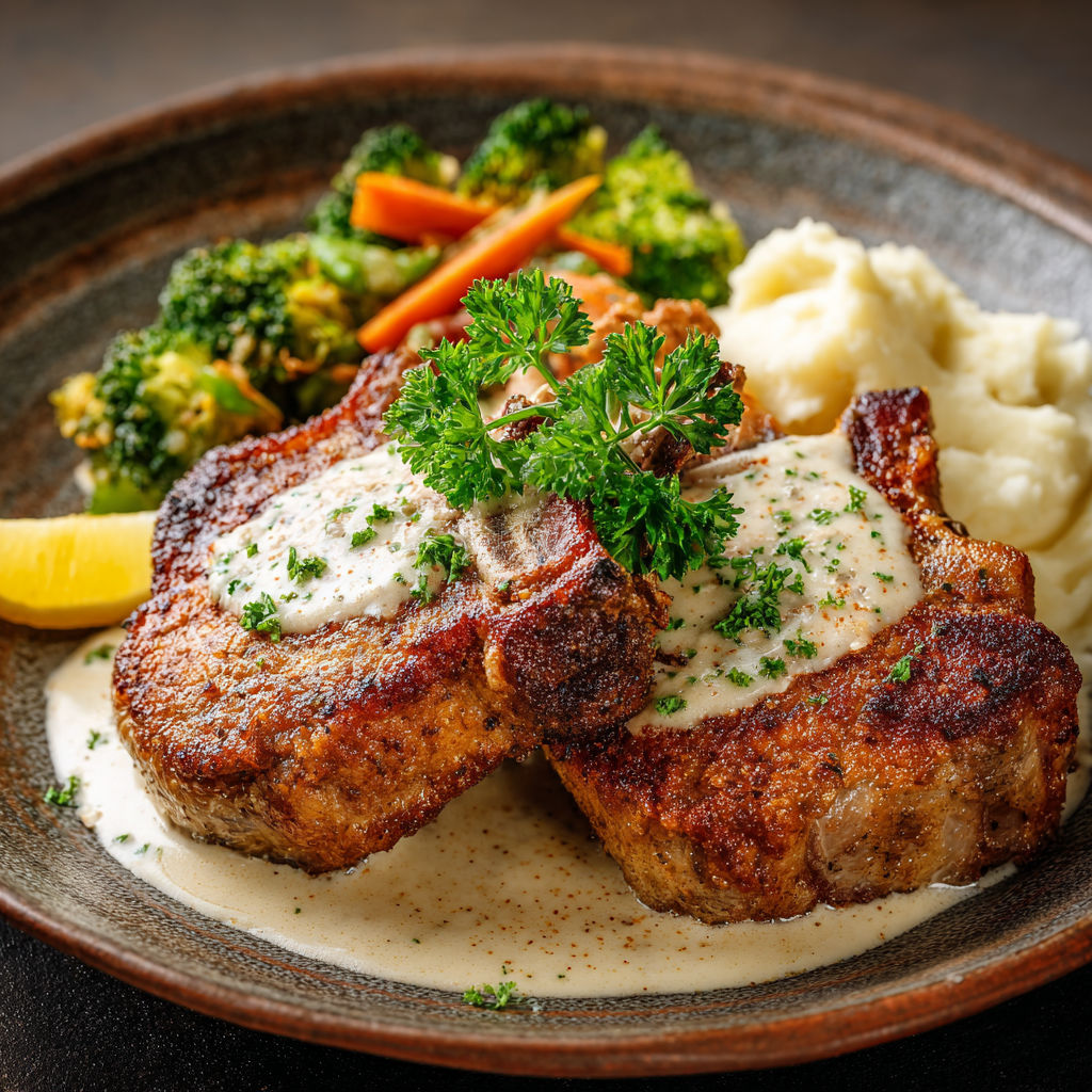 Une belle assiette de côtelettes de porc dorées, servies avec des légumes verts et des pommes de terre.