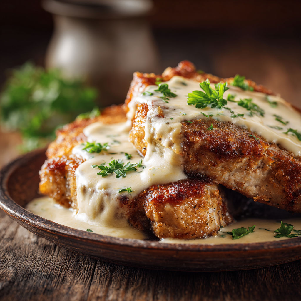 Une belle assiette de côtelettes de porc dorées et tendres, nappées d’une sauce au beurre.