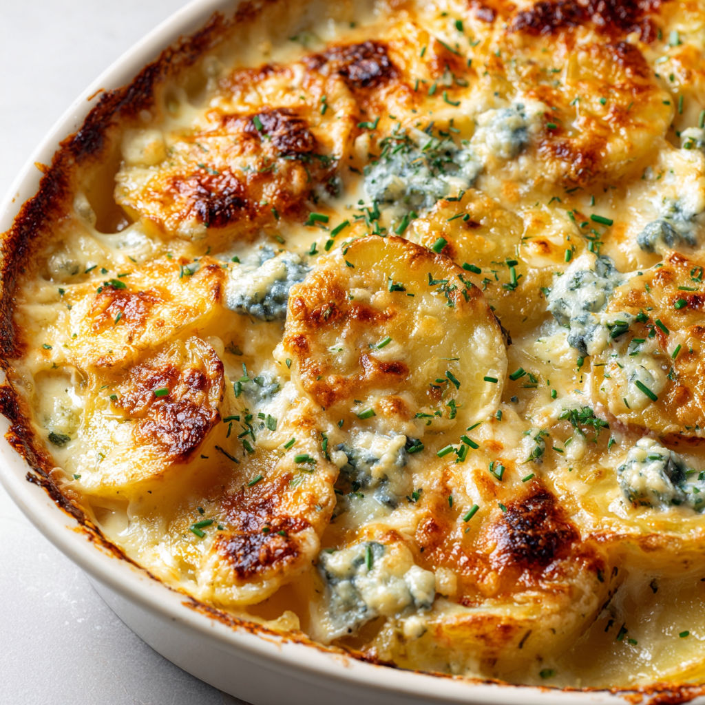 Bol rempli d’un gratin aux pommes de terre et fromage bleu.