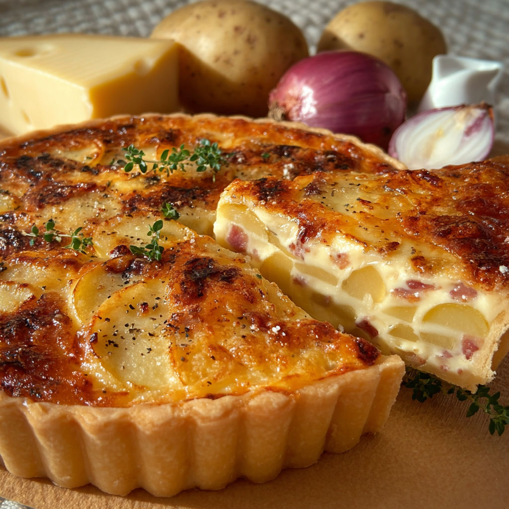 Une quiche au fromage raclette et pommes de terre servie avec des oignons caramélisés.
