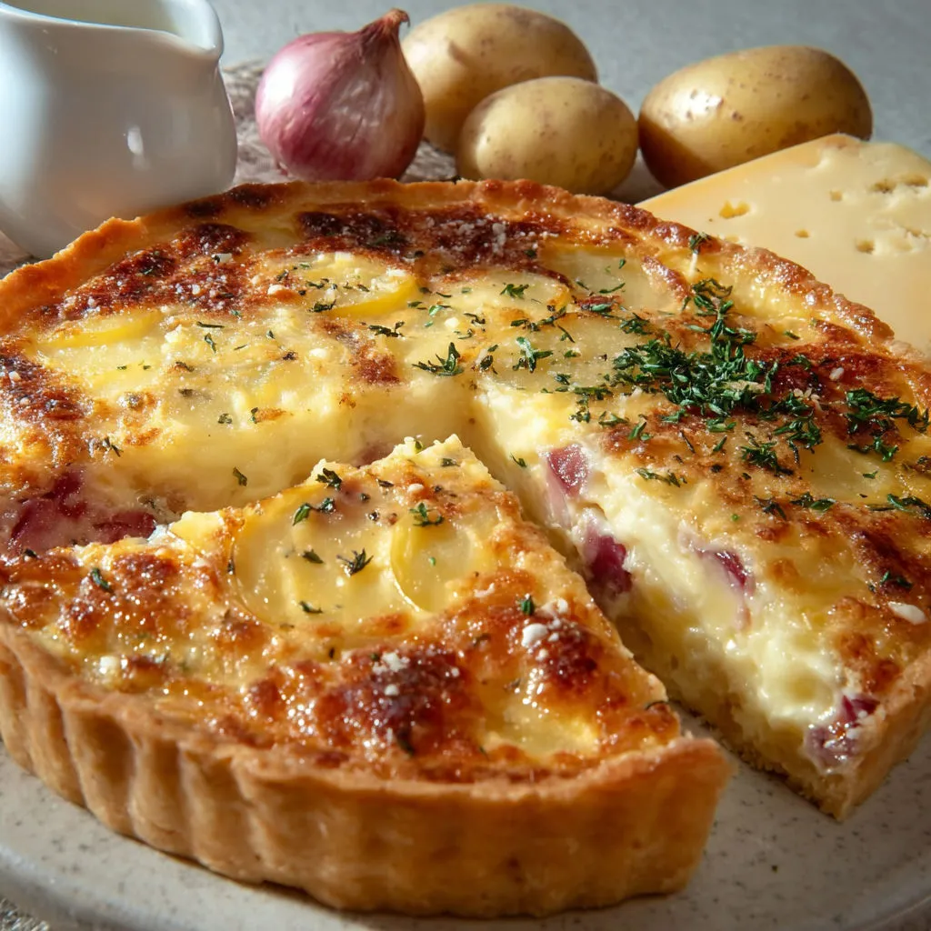 Un plat façon raclette sort du four sur une planche, entouré de pommes de terre et d’oignons.