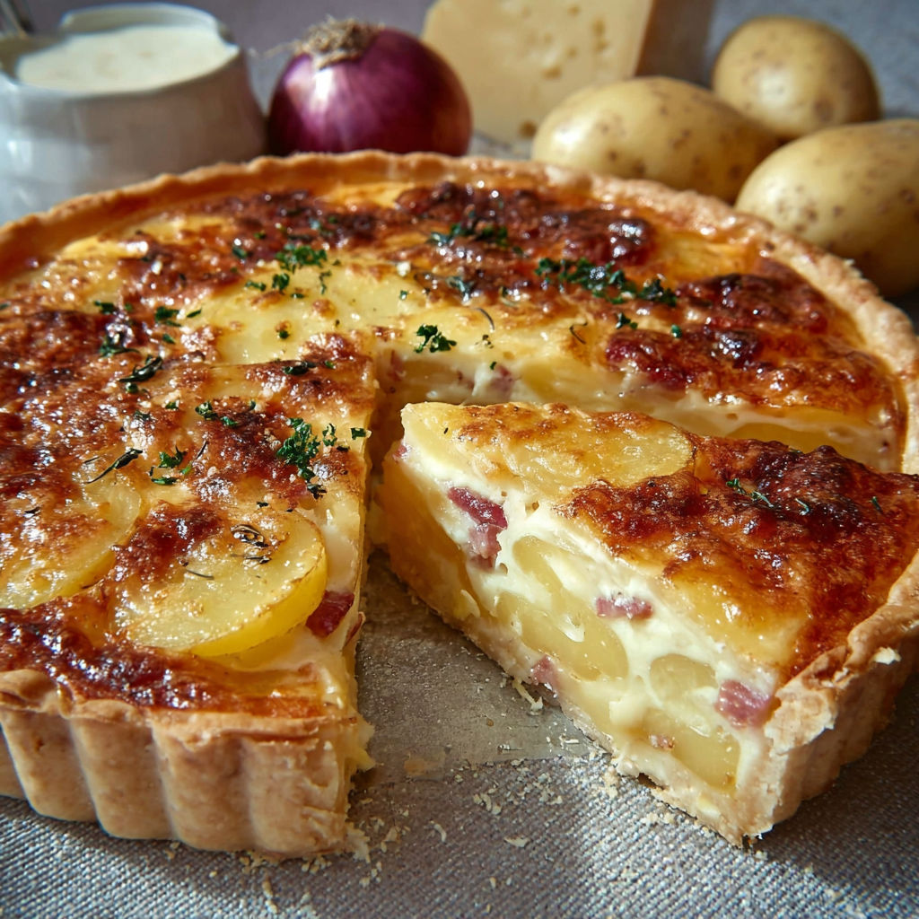 Une tarte savoyarde sort du four sur la table, entourée de pommes et d’oignons.