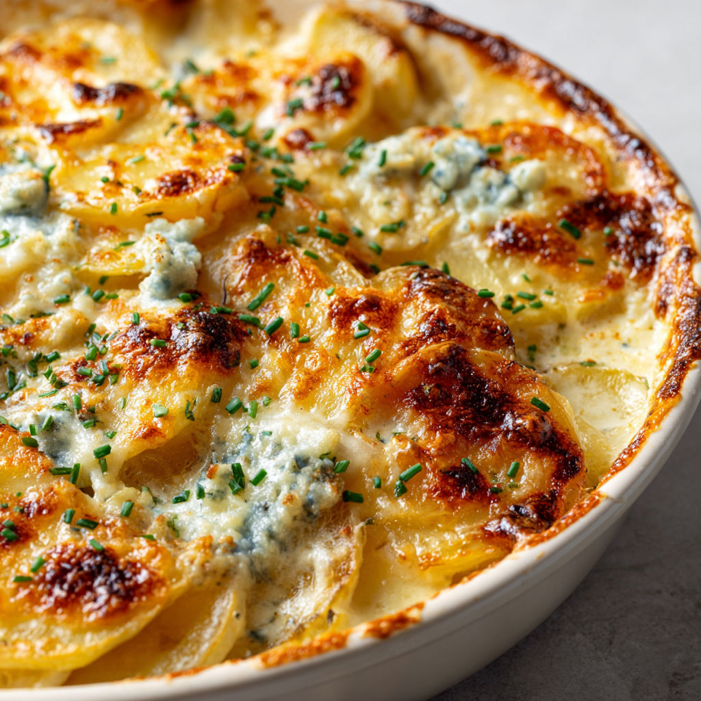 Part de gratin aux pommes de terre et fromage, jolie présentation en bol en porcelaine.