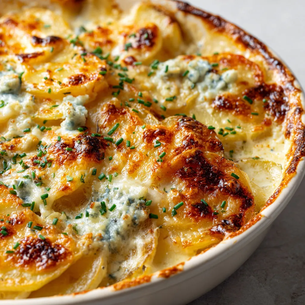 Part de gratin aux pommes de terre et fromage, jolie présentation en bol en porcelaine.