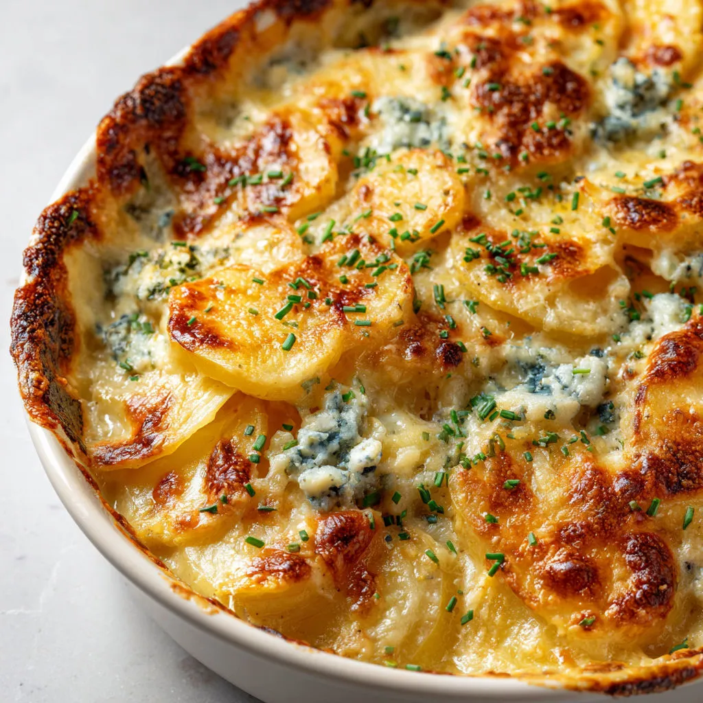 Gratin pomme de terre-fromage servi dans un bol, relevé de fines herbes et de pommes.