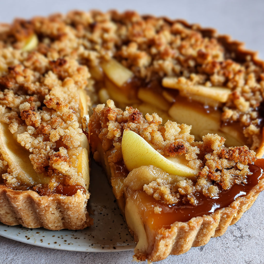 Une tarte sortie du four, bien dorée et croustillante, avec un dessus émietté et une base fondante.