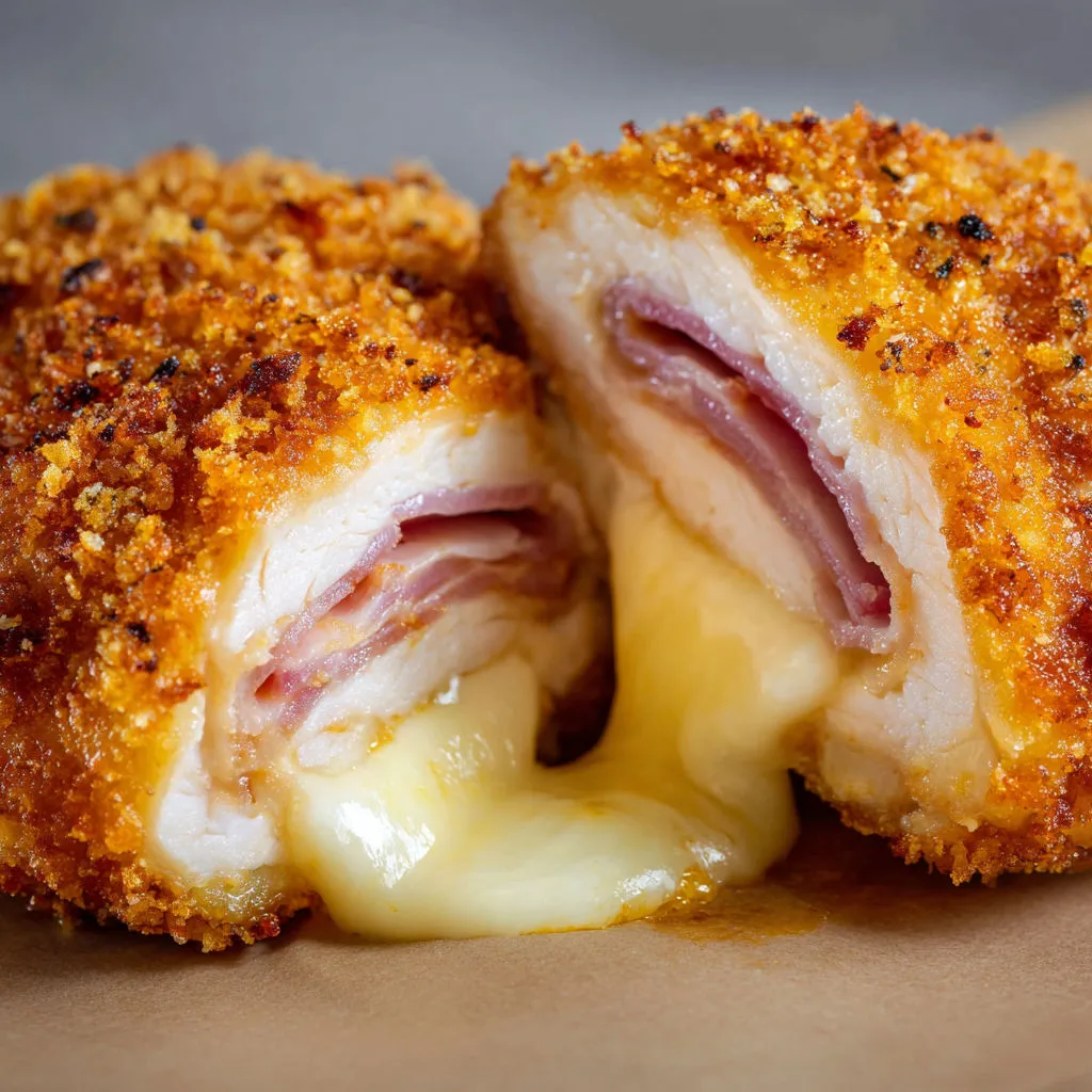 Un roulé doré avec fromage filant et jambon visible à l’intérieur.