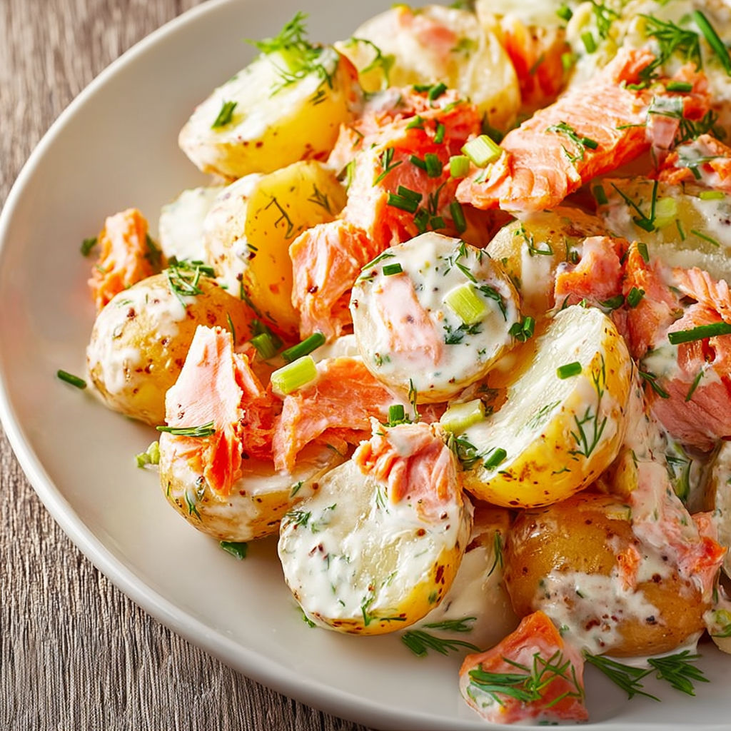 Un plat frais mariage pommes de terre, saumon et herbes, présenté avec soin.