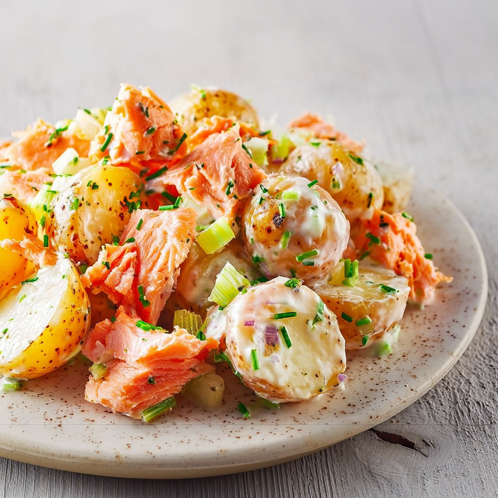 Salade avec morceaux de saumon et pommes de terre, le tout parsemé d’herbes vertes.