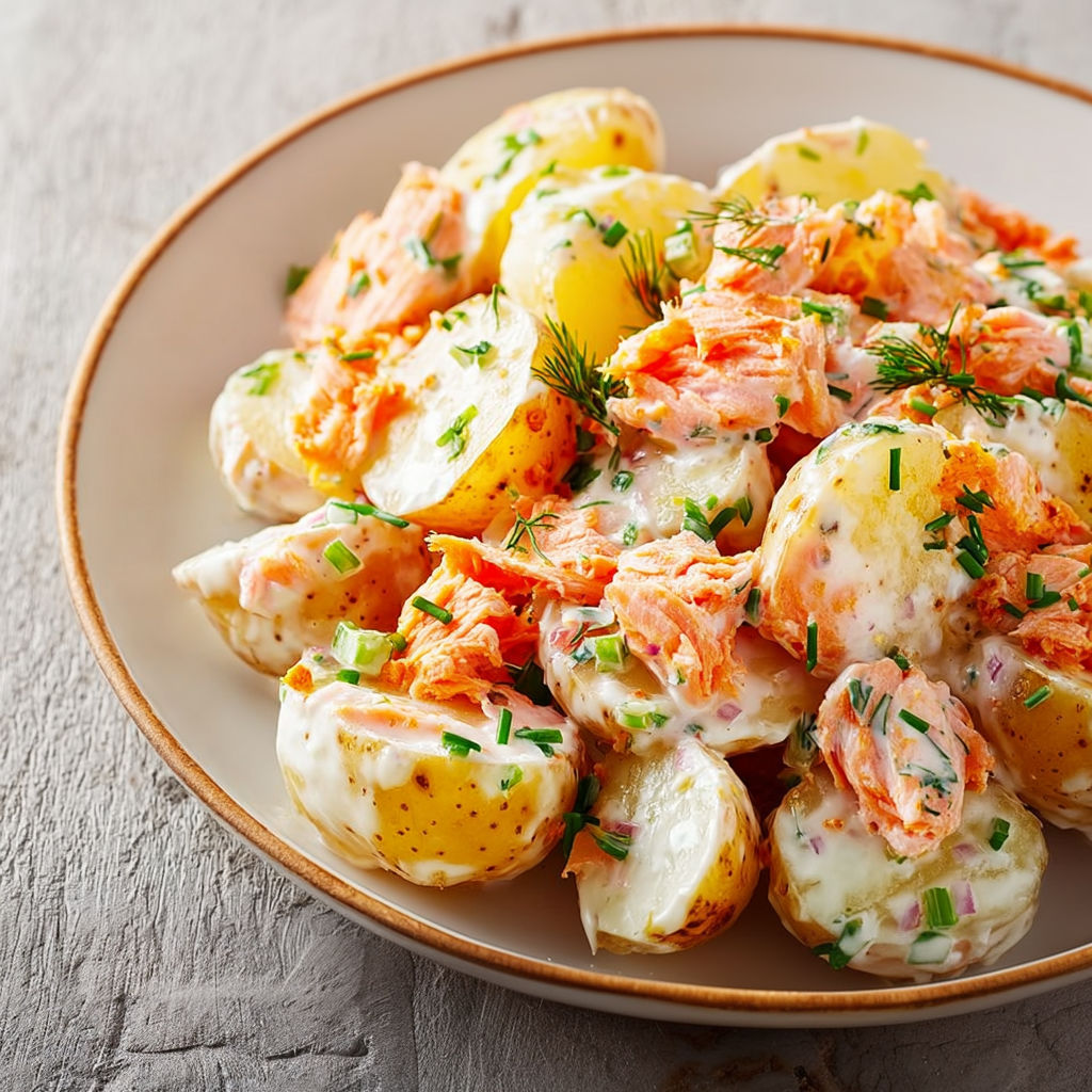Assiette de pommes de terre et saumon grillé, décorée avec des herbes fraîches.