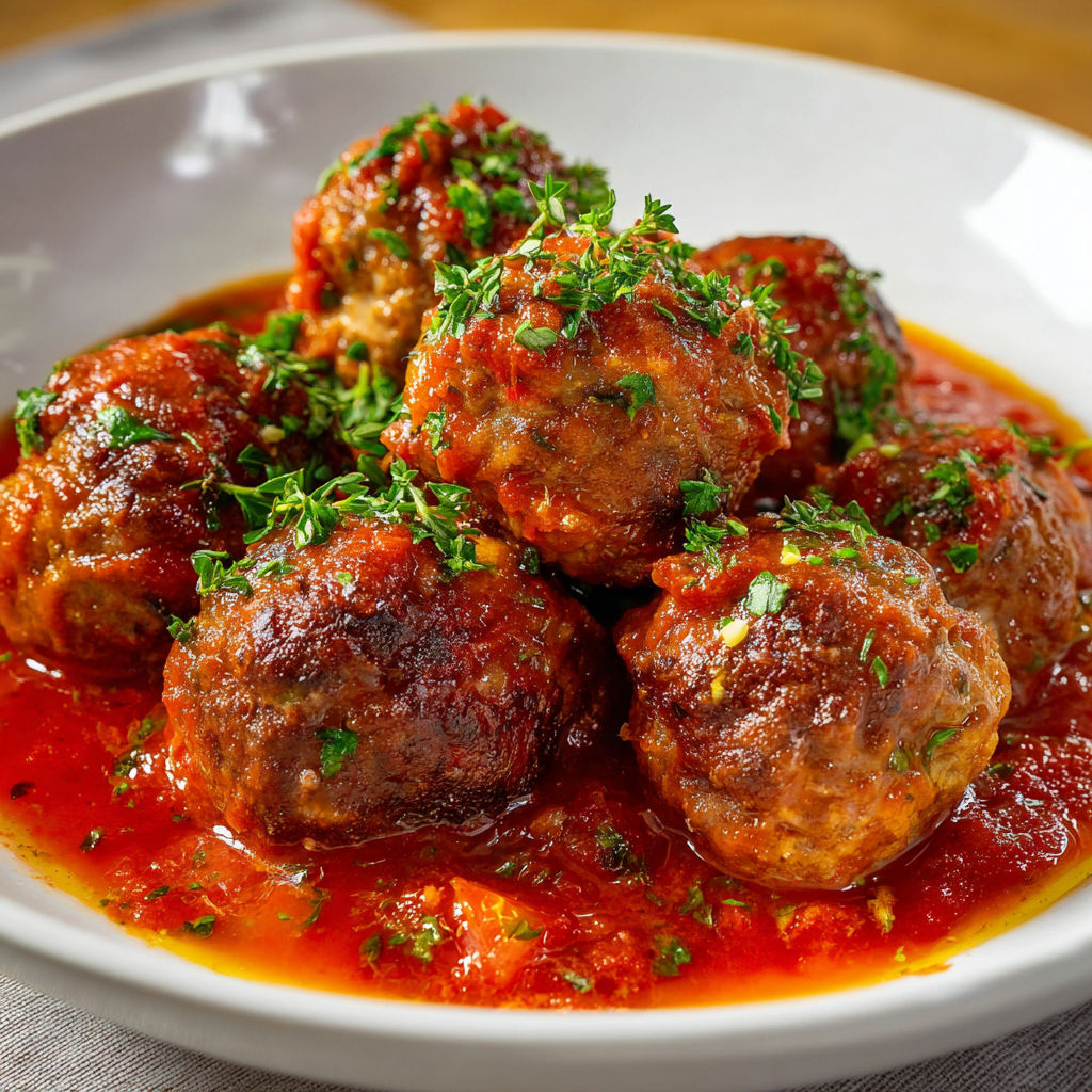 Boulettes de viande nappées de sauce, servies avec des herbes sur un plat.