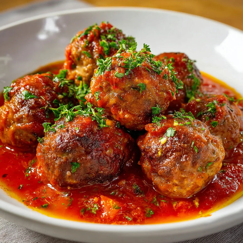 Boulettes de viande nappées de sauce, servies avec des herbes sur un plat.