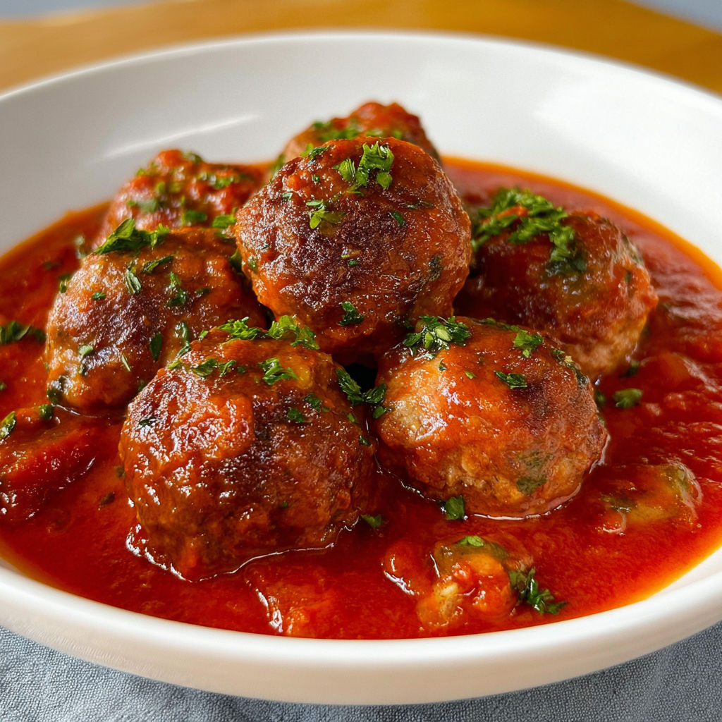 Boulettes de viande dans une sauce tomate onctueuse.